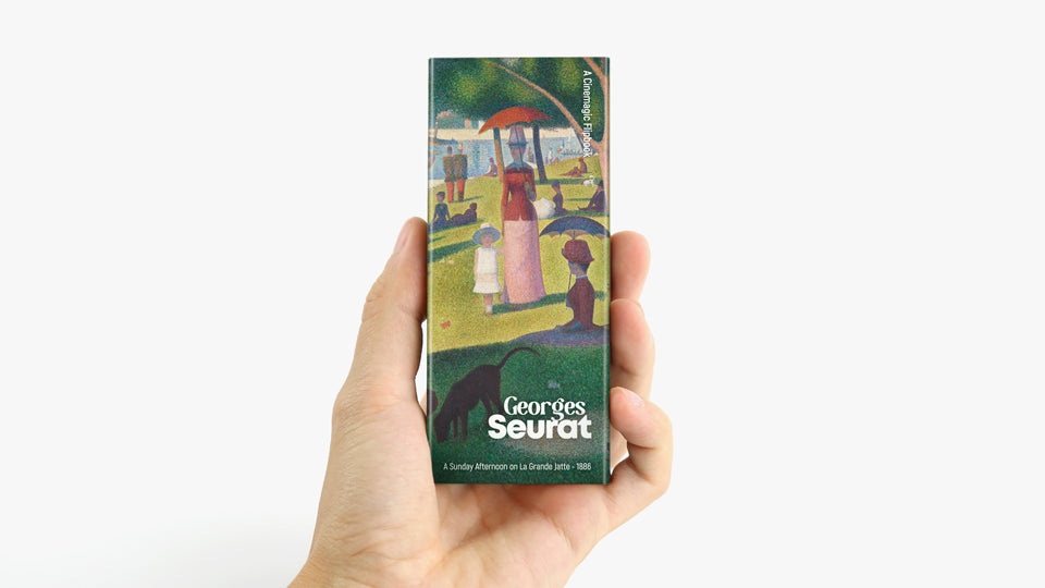 George Seurat Flipbook. Images: A Sunday Afternoon on the Island of La Grande Jatte, Models, The Mower, Bathers at Asnières, Gray Weather, Grande Jatte.