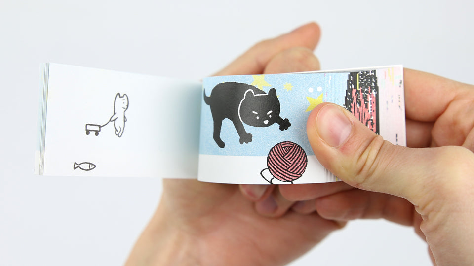 Flip book Cat's Birthday by Harumin Asao, published by Seigensha, Japan.