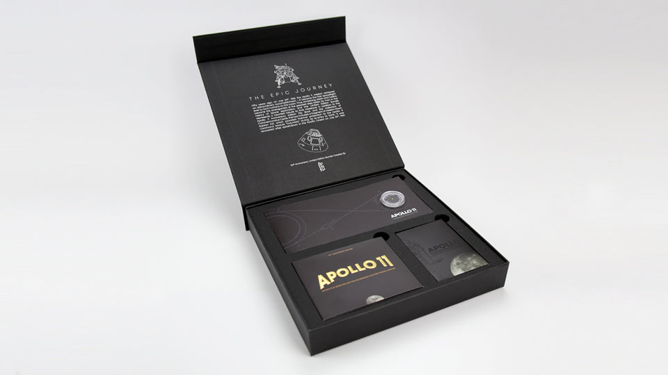 APOLLO 11 FOIL BUNDLE - Exclusive bundle that includes a real fragment of mission-flown Kapton Foil that protected the Columbia Command Module during its re-entry to Earth. A unique collector's item.