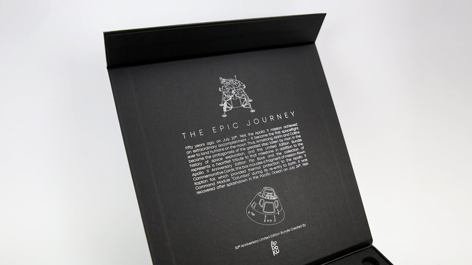 APOLLO 11 FOIL BUNDLE - Exclusive bundle that includes a real fragment of mission-flown Kapton Foil that protected the Columbia Command Module during its re-entry to Earth. A unique collector's item.